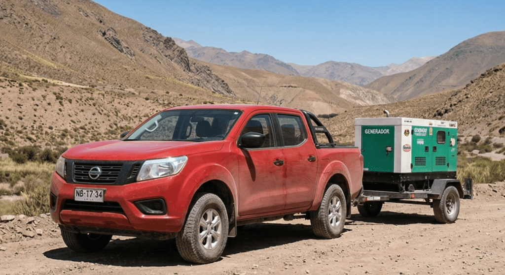 Camioneta roja Nissan Navara remolcando un generador eléctrico insonorizado de color verde en un camino rural de montaña.