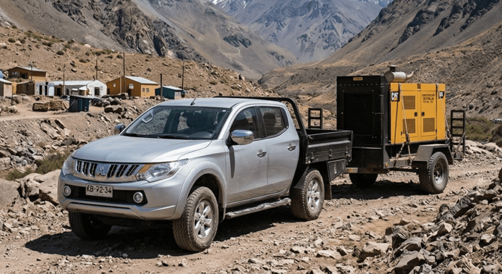 Camioneta Mitsubishi L200 plateada con caja de carga modificada tirando un generador diésel amarillo en una zona de campamento minero.