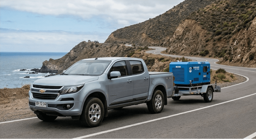 Camioneta Chevrolet Colorado plateada remolcando un generador eléctrico azul compacto por una carretera costera con vista al mar.