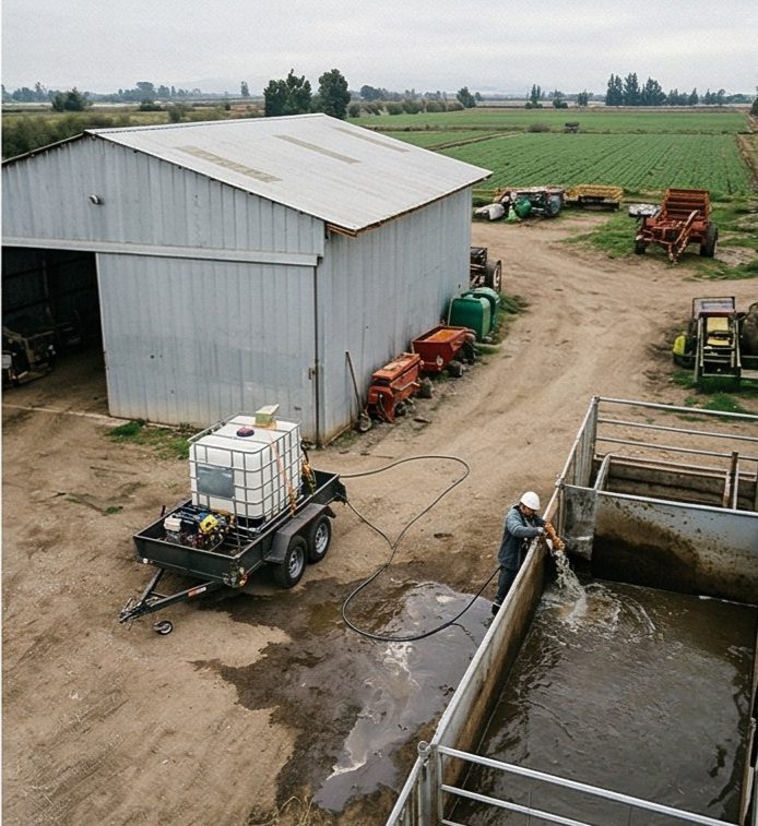 Vista aérea de un carro de arrastre con estanque IBC y hidrolavadora autónoma siendo usado para limpiar un canal de regadío o instalación ganadera en una granja.