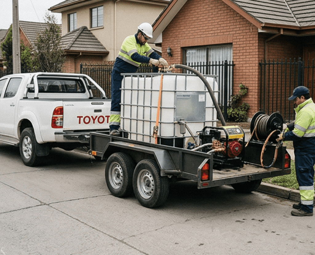 Dos operarios en uniforme de seguridad preparando y supervisando un carro de arrastre de doble eje con estanque IBC de agua y carrete de manguera, tirado por una camioneta Toyota.