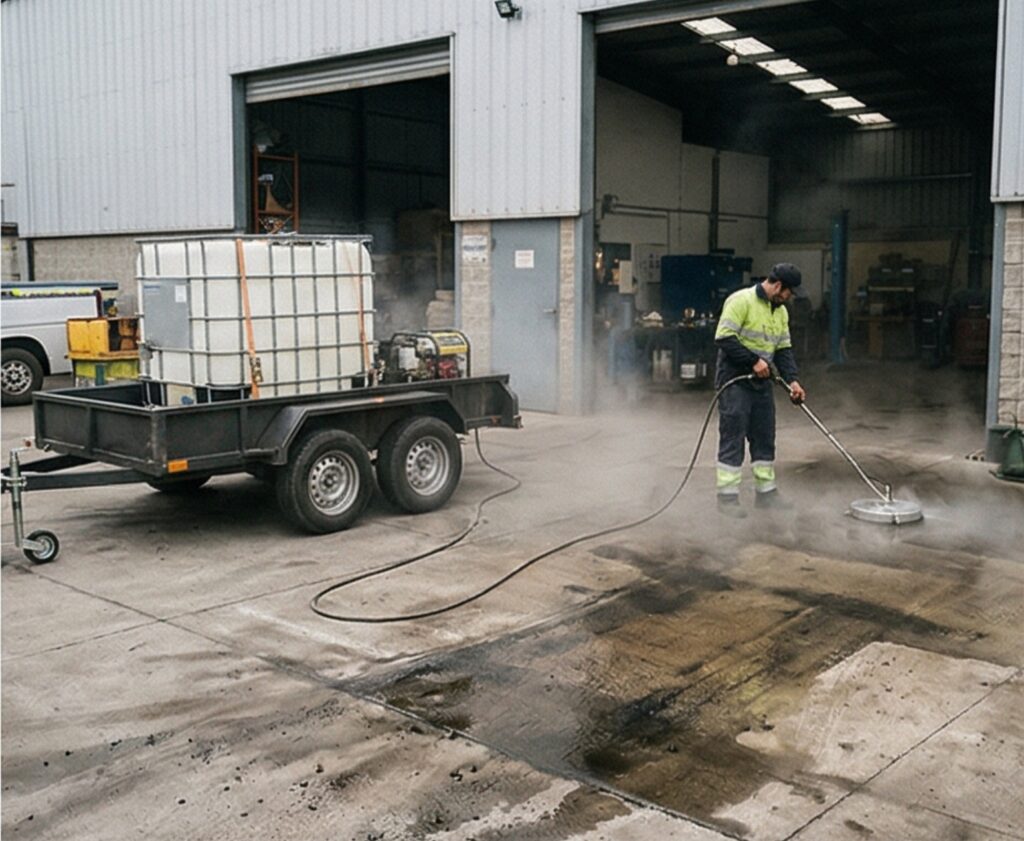 Operario con uniforme de seguridad usando una lavadora de superficies profesional conectada a un carro de arrastre de doble eje para limpiar piso de concreto manchado con aceite en un taller.