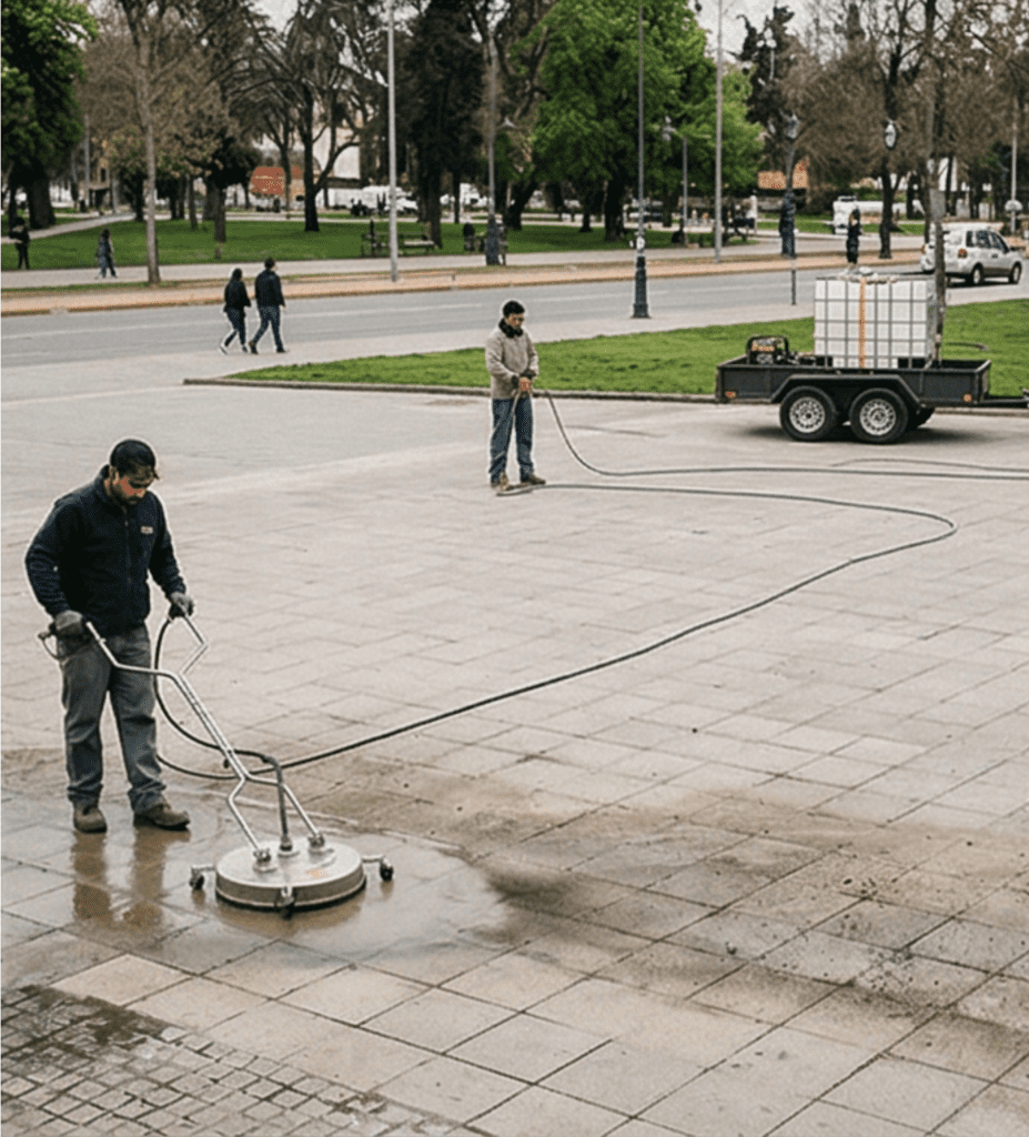 Operario usando hidrolavadora industrial autónoma con carro de arrastre y estanque de agua para limpiar una plaza pública pavimentada.