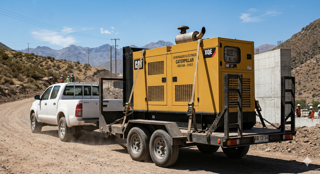 Generador eléctrico Caterpillar de 500 kVA montado sobre un carro de arrastre de doble eje en una zona de construcción de montaña.