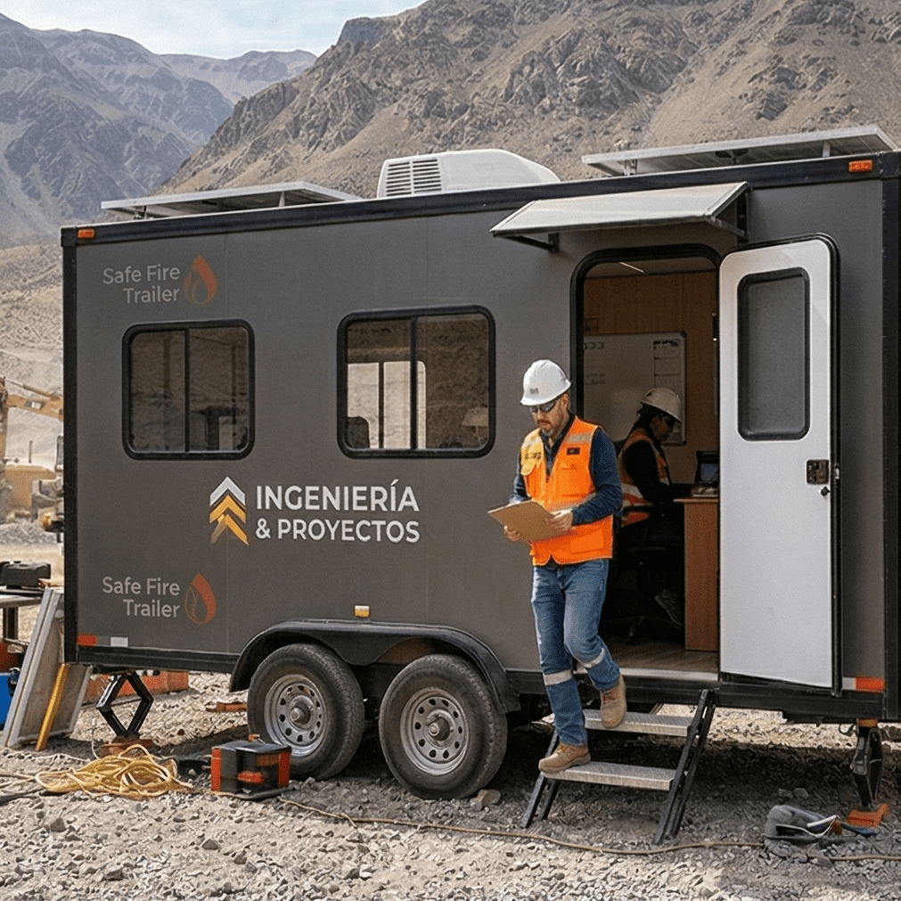 Profesional saliendo de una oficina móvil gris oscuro con logos de Safe Fire Trailer e Ingeniería & Proyectos en una zona de montaña.
