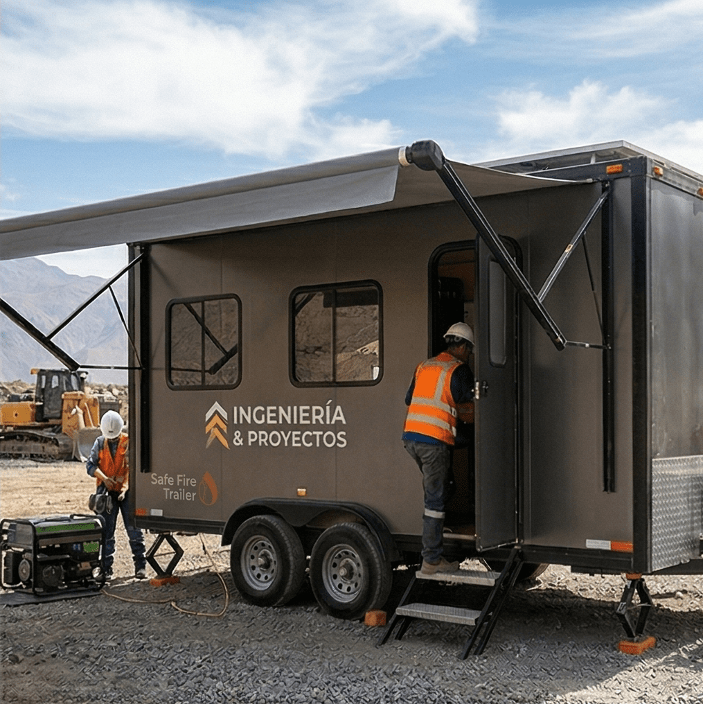 Oficina móvil de Safe Fire Trailer con toldo extendido en sitio de construcción, mostrando generador eléctrico y personal trabajando.