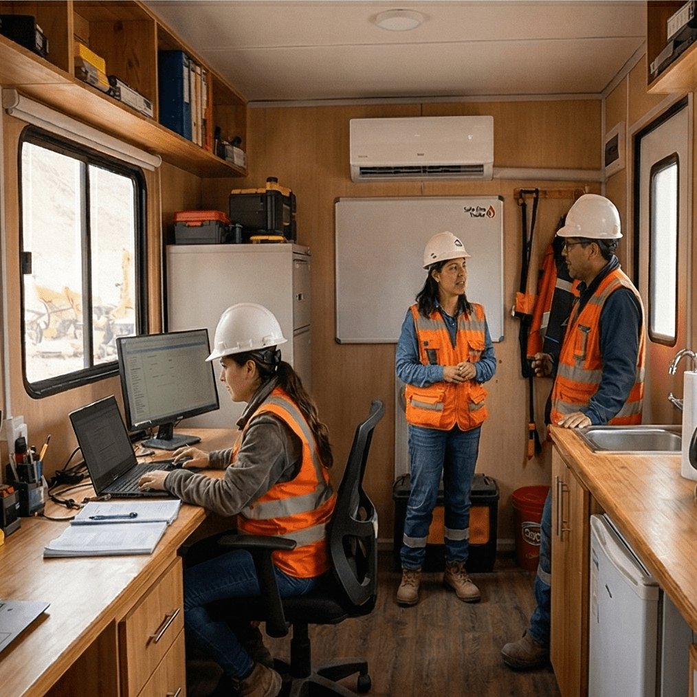 Interior de oficina móvil con personal de ingeniería trabajando con laptops, aire acondicionado, mobiliario de madera y zona de café.